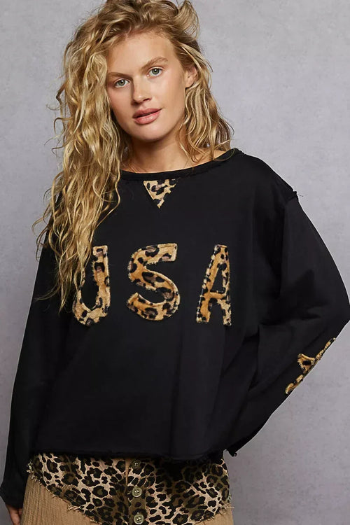 Black POL Round Neck Long Sleeve Leopard Print Sweatshirt Trendsi POL Round Neck Long Sleeve French Terry Top