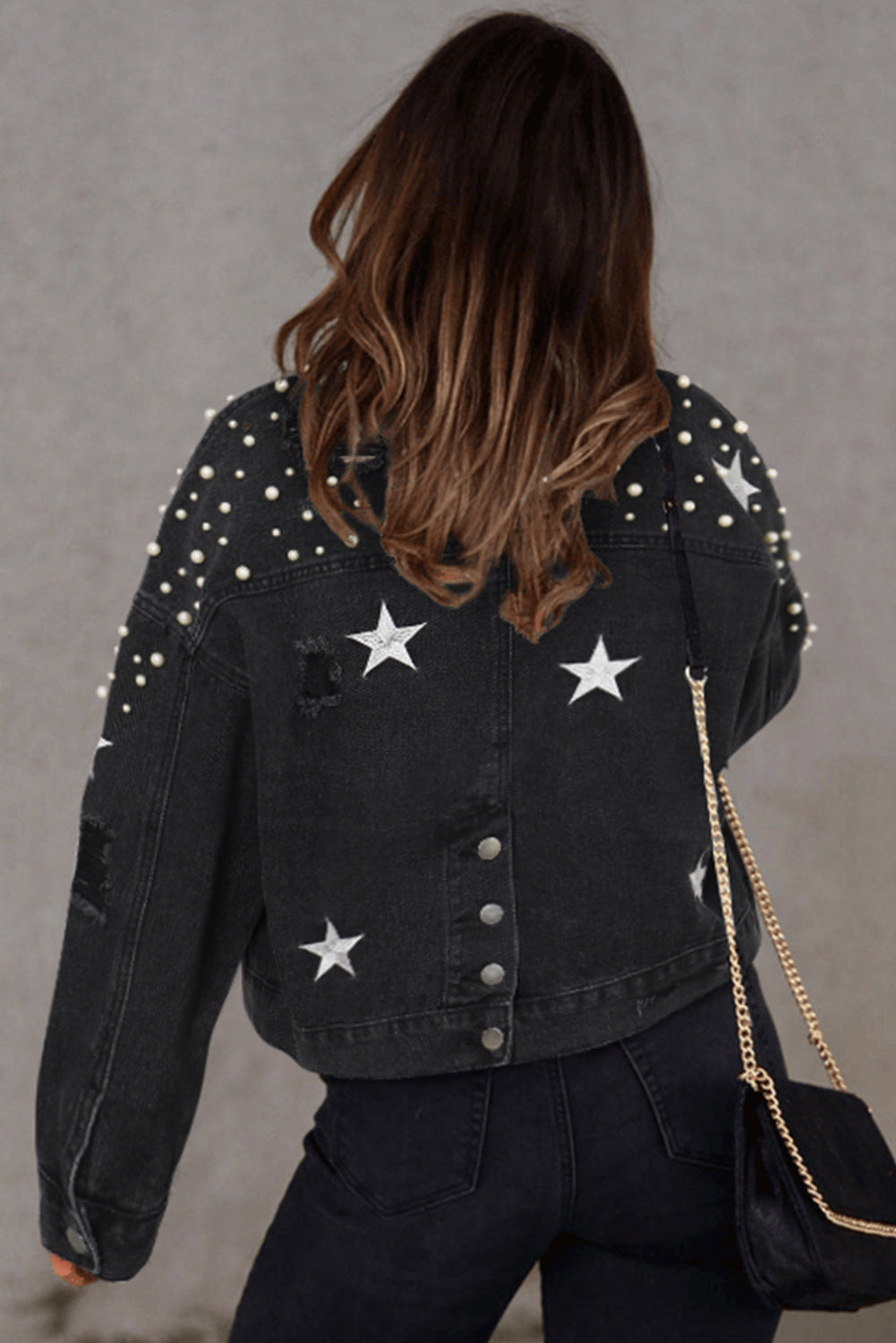 Black Distressed Pearls Star Cropped Denim Jacket