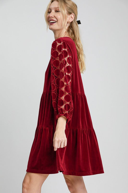 Lace Balloon Sleeve Tiered Velvet Mini Dress