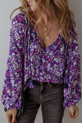 Purple Boho Flower Split V Neck Bubble Sleeve Blouse Purple 100%Polyester Bazaare Mart Tops/Blouses & Shirts