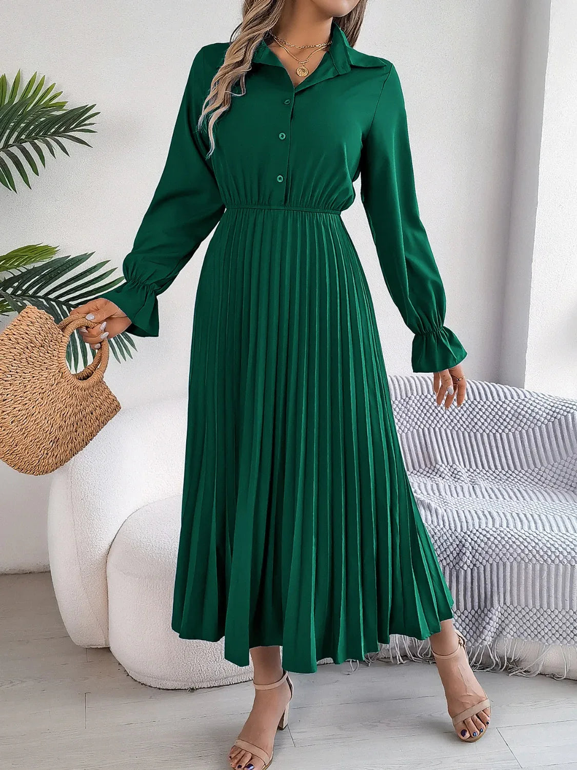 Pleated Half Button Long Sleeve Midi Dress Bazaare Mart Pleated Half Button Long Sleeve Midi Dress