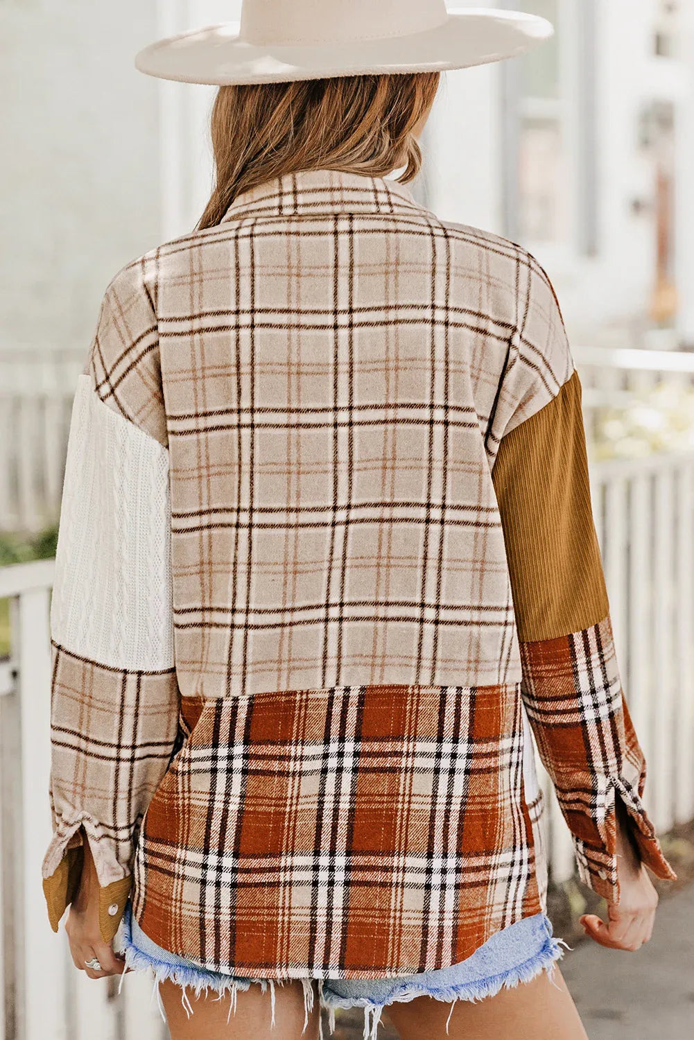 Orange Plaid Color Block Patchwork Shacket with Pocket Bazaare Mart Outerwear/Plaid Shackets