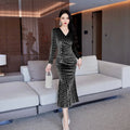 Slim-fit V-neck Textured Velvet Midi Dress Black Bazaare Mart Velvet Long Sleeve Midi Dress
