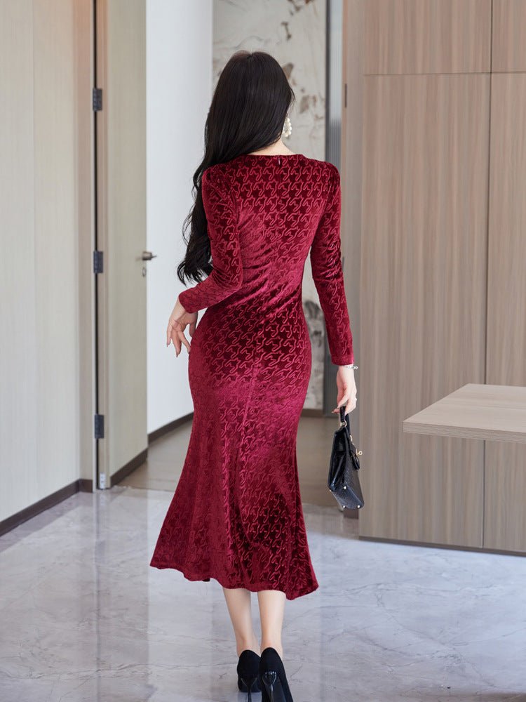 Elegant Slim - fit V - neck Textured Velvet Midi Dress - Bazaare Mart