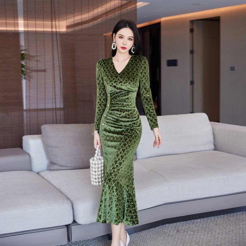 Elegant Slim - fit V - neck Textured Velvet Midi Dress - Bazaare Mart