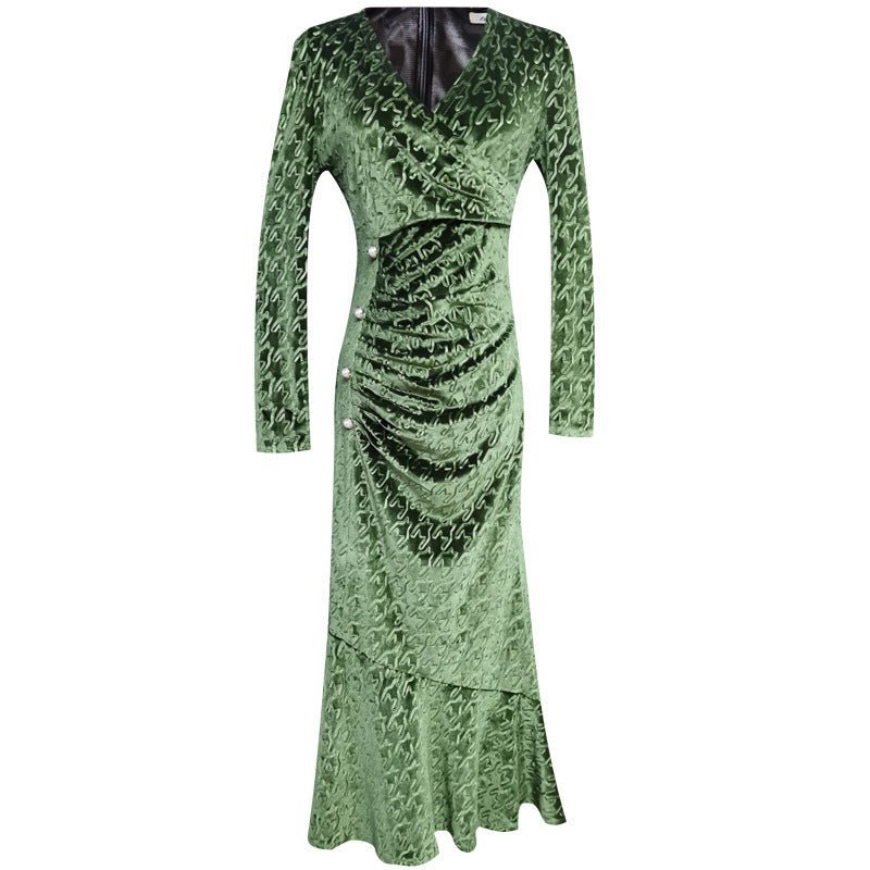 Elegant Slim - fit V - neck Textured Velvet Midi Dress - Bazaare Mart