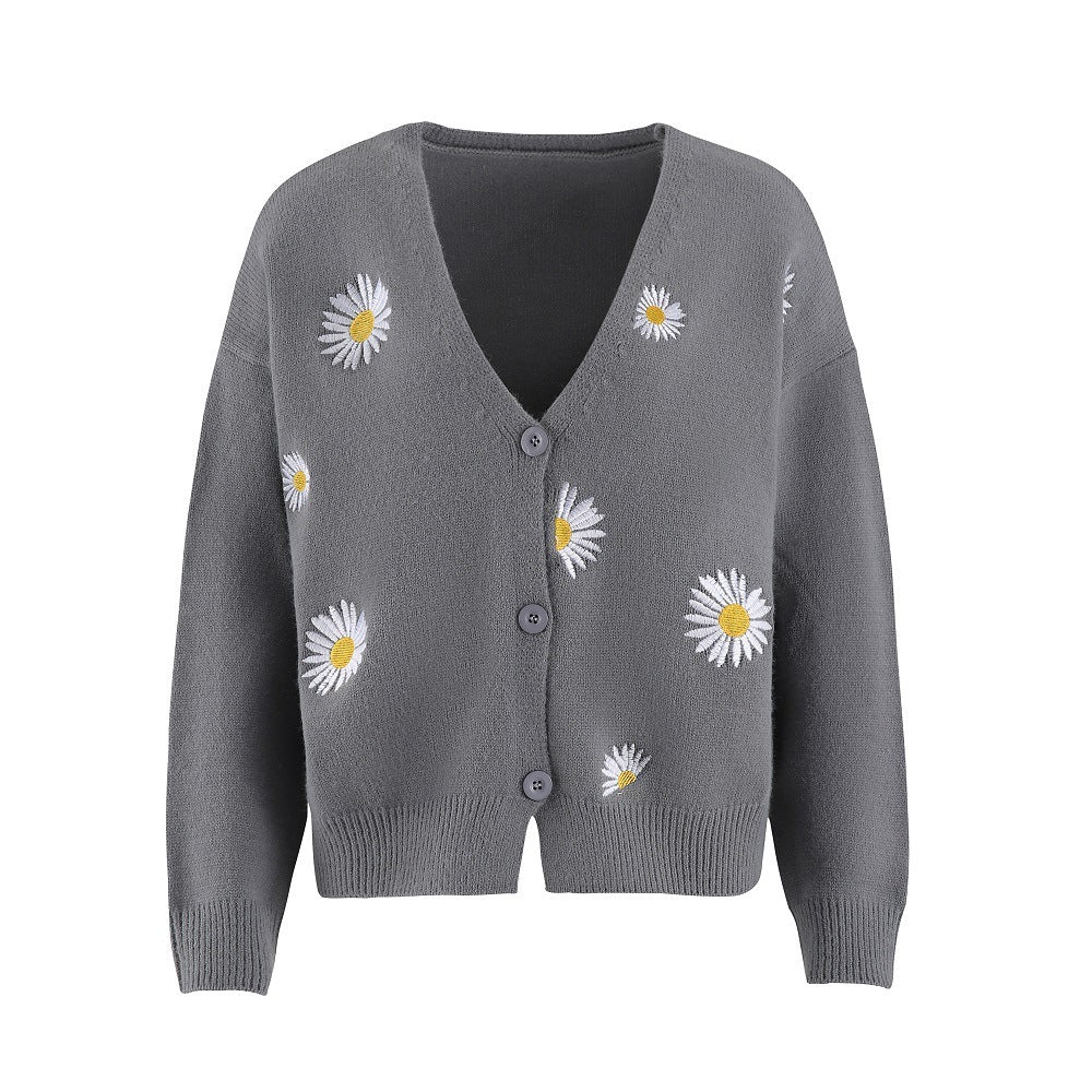 Embroidered Daisy Cardigan Sweater - Bazaare Mart