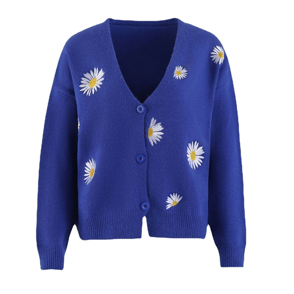 Embroidered Daisy Cardigan Sweater - Bazaare Mart