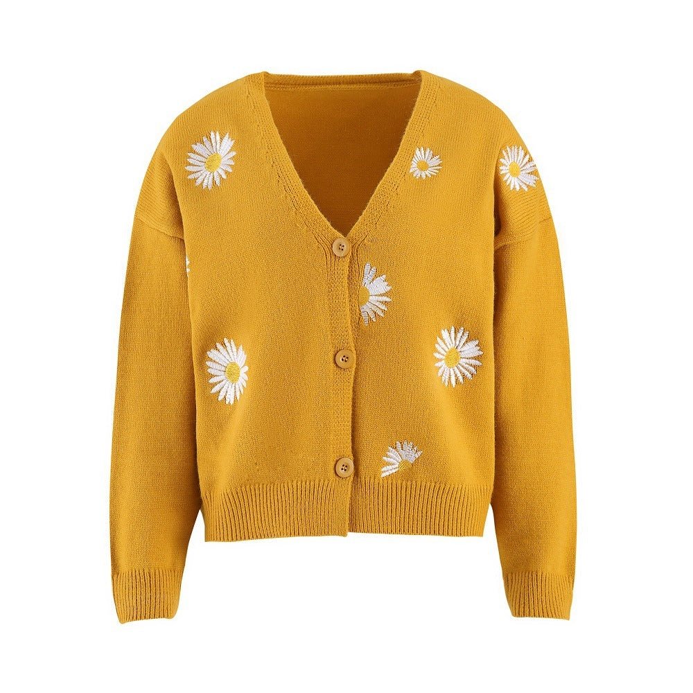 Embroidered Daisy Cardigan Sweater - Bazaare Mart