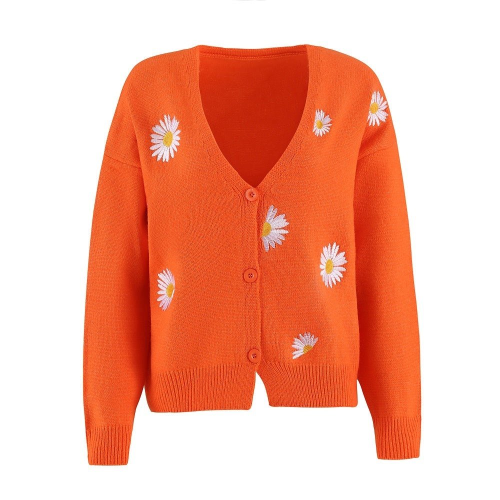 Embroidered Daisy Cardigan Sweater - Bazaare Mart