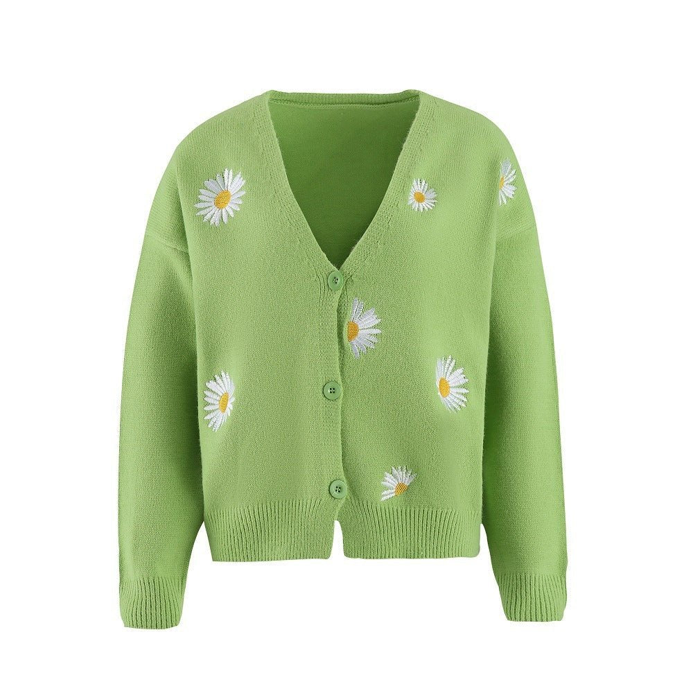 Embroidered Daisy Cardigan Sweater - Bazaare Mart