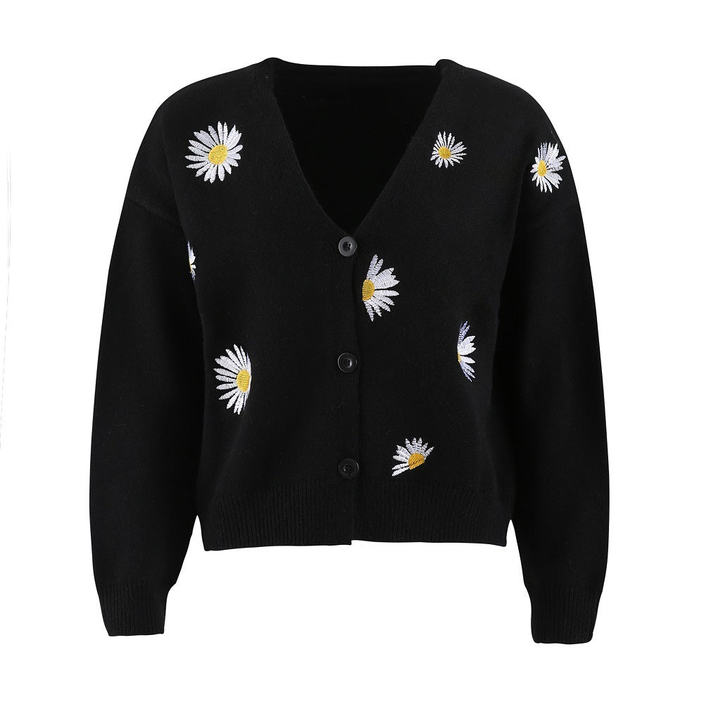 Embroidered Daisy Cardigan Sweater - Bazaare Mart