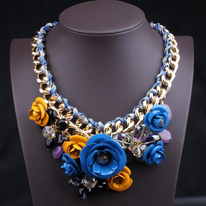 Exaggerated Beaded Flowers Statement Necklace - Bazaare Mart