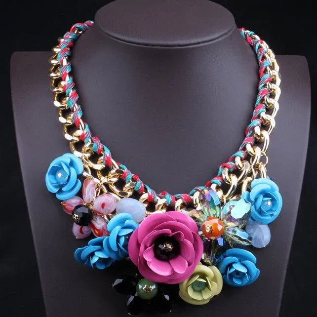 Exaggerated Beaded Flowers Statement Necklace - Bazaare Mart