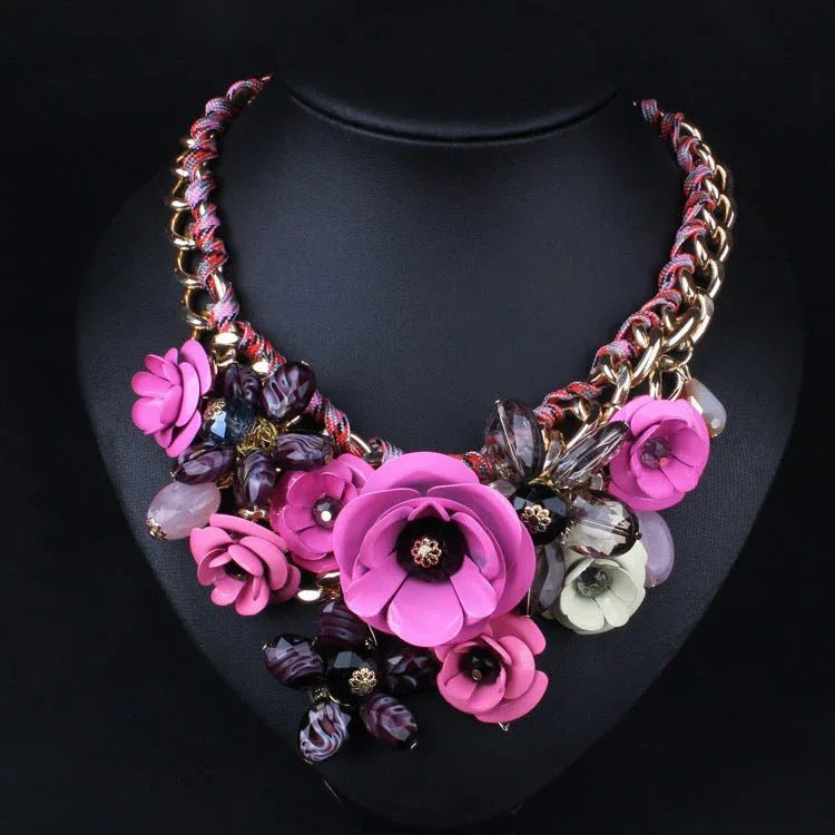 Exaggerated Beaded Flowers Statement Necklace - Bazaare Mart
