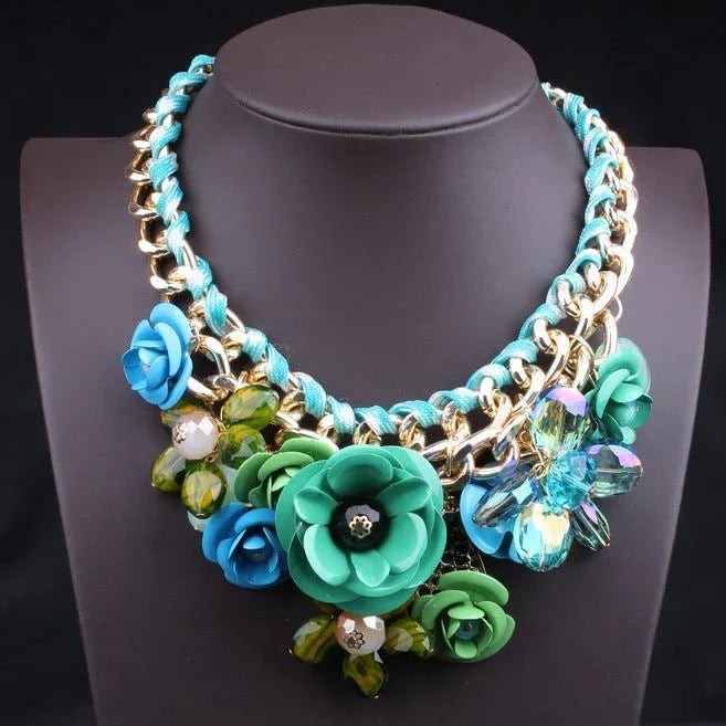 Exaggerated Beaded Flowers Statement Necklace - Bazaare Mart