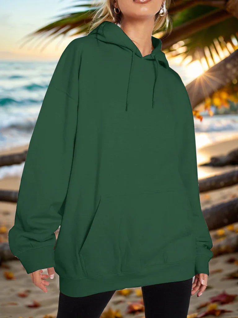 Plain Dropped Shoulder Hoodie Dark Green Trendsi Drawstring Dropped Shoulder Hoodie