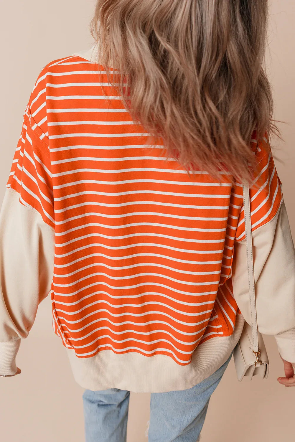 Orange Stripe Color Block Loose Fit Collared Drop Shoulder Sweatshirt Bazaare Mart Tops/Sweatshirts & Hoodies