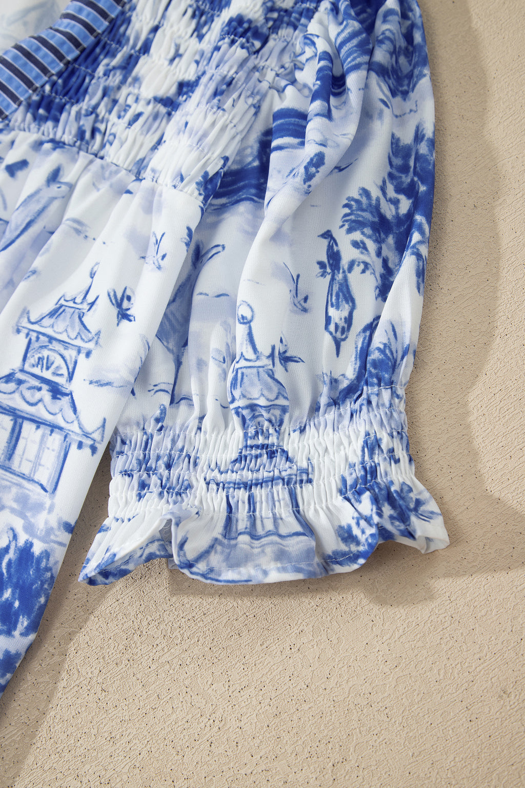 Blue Toile Print Smocked Puff Sleeve Blouse Dear-Lover Dropshipping Tops/Blouses & Shirts
