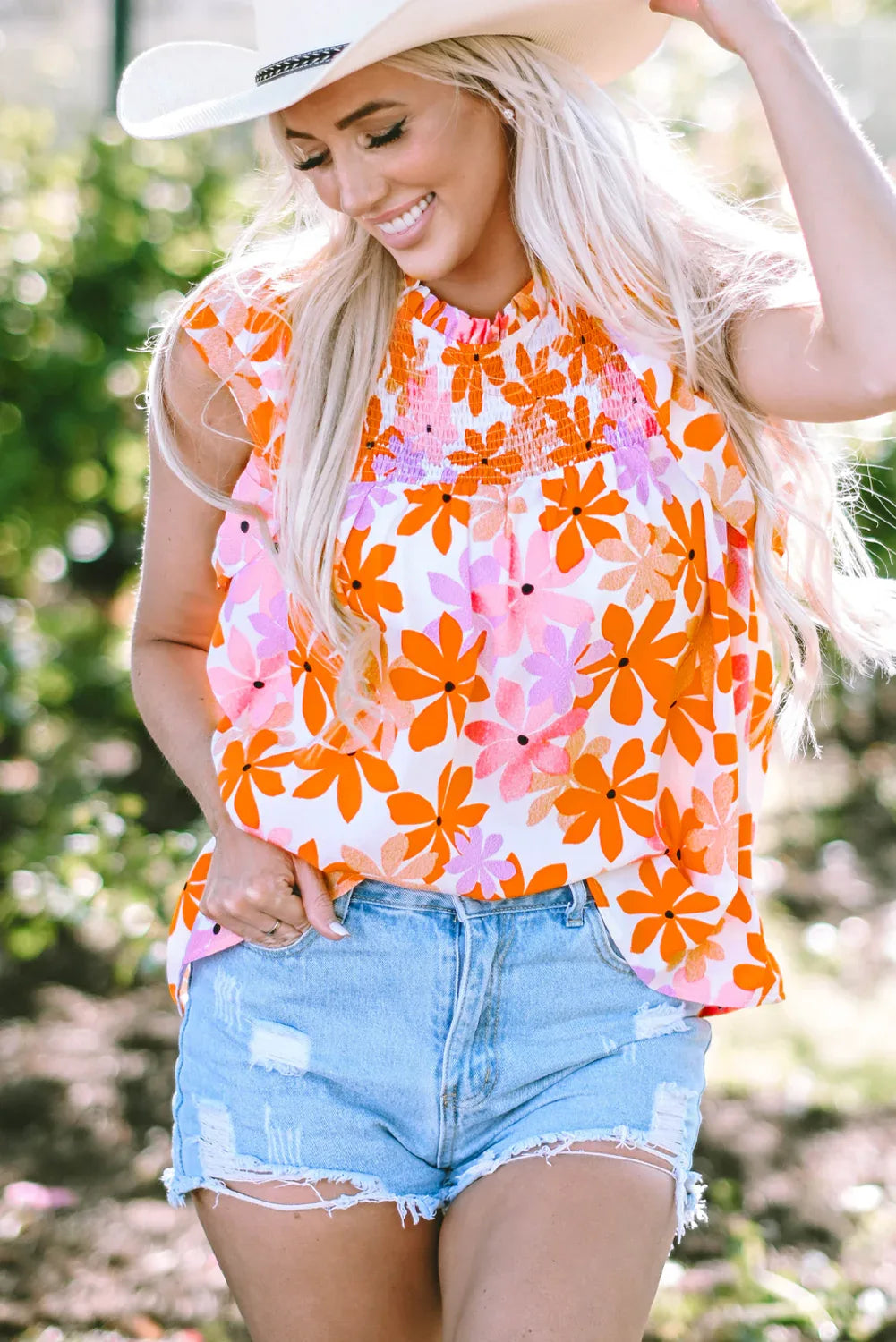 Orange Ruffled Sleeve Smocked Floral Top Bazaare Mart Tops