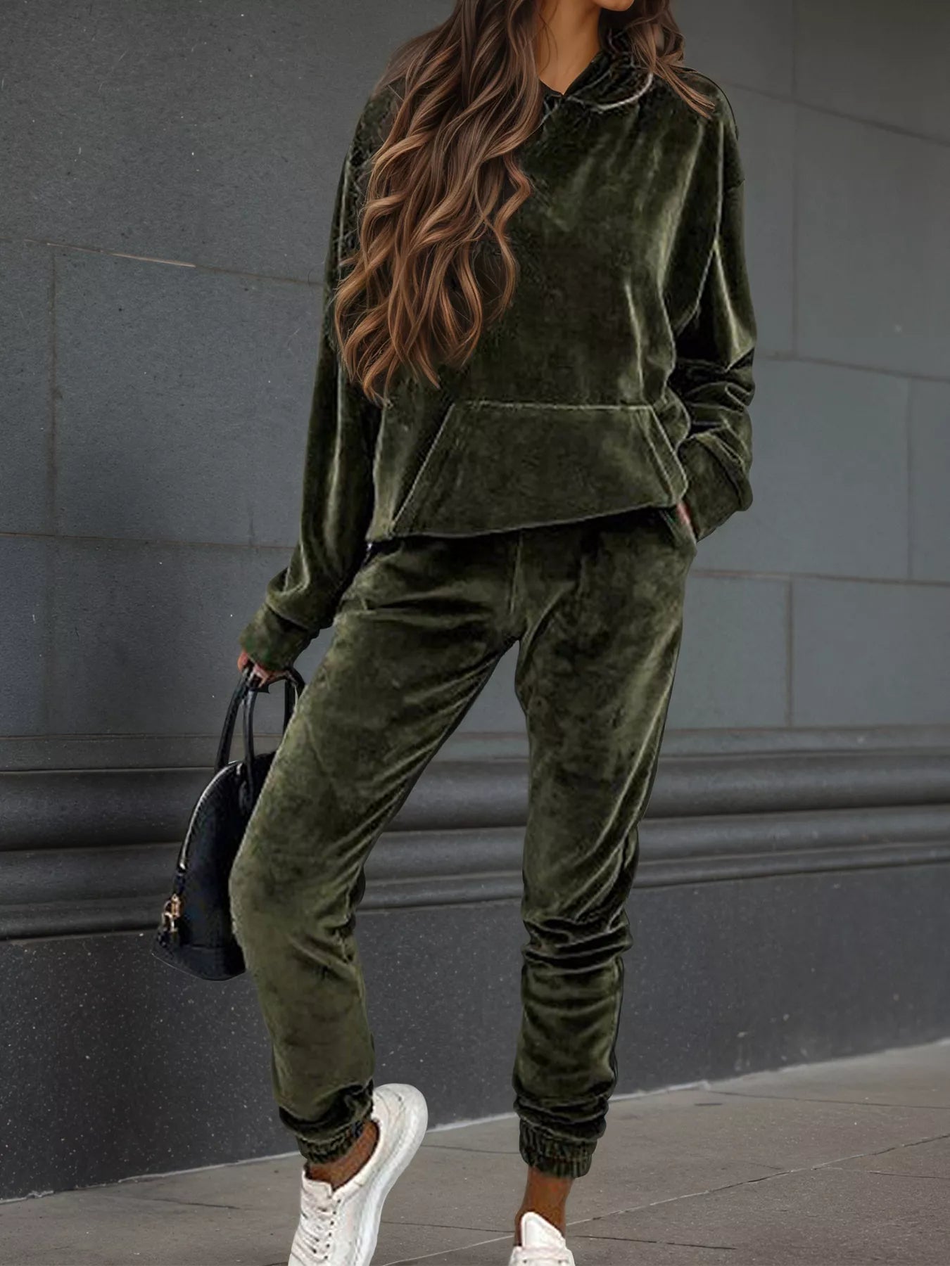 Velvet Long Sleeve Hoodie and Pants Set Army Green Bazaare Mart Velvet Long Sleeve Hoodie and Pants Set