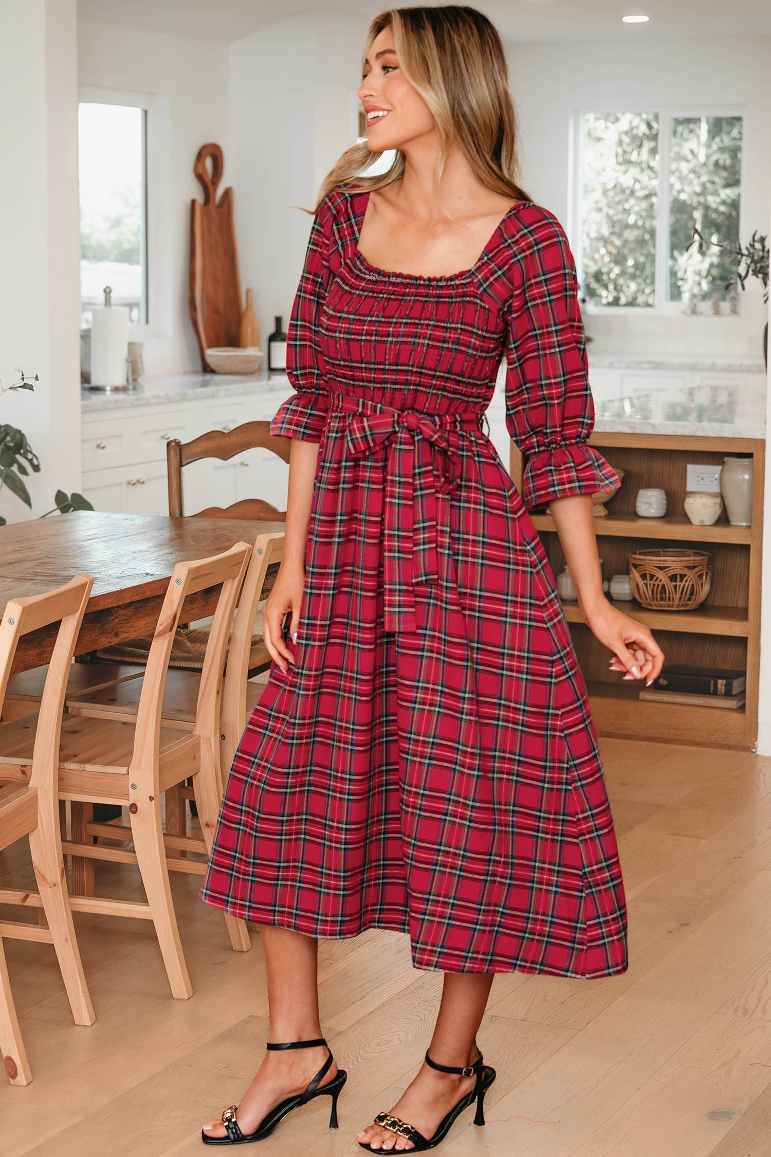 Tartan Plaid Square Neck Puff Sleeve Flared Midi Dress Bazaarre Mart Dresses/Maxi Dresses