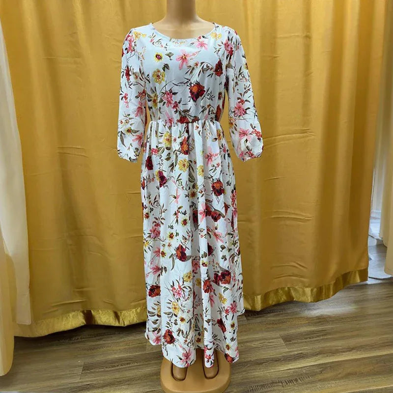 Elegant White with Red Floral Half Sleeve Midi Dress Bazaare Mart Floral Flowy Maxi Dress