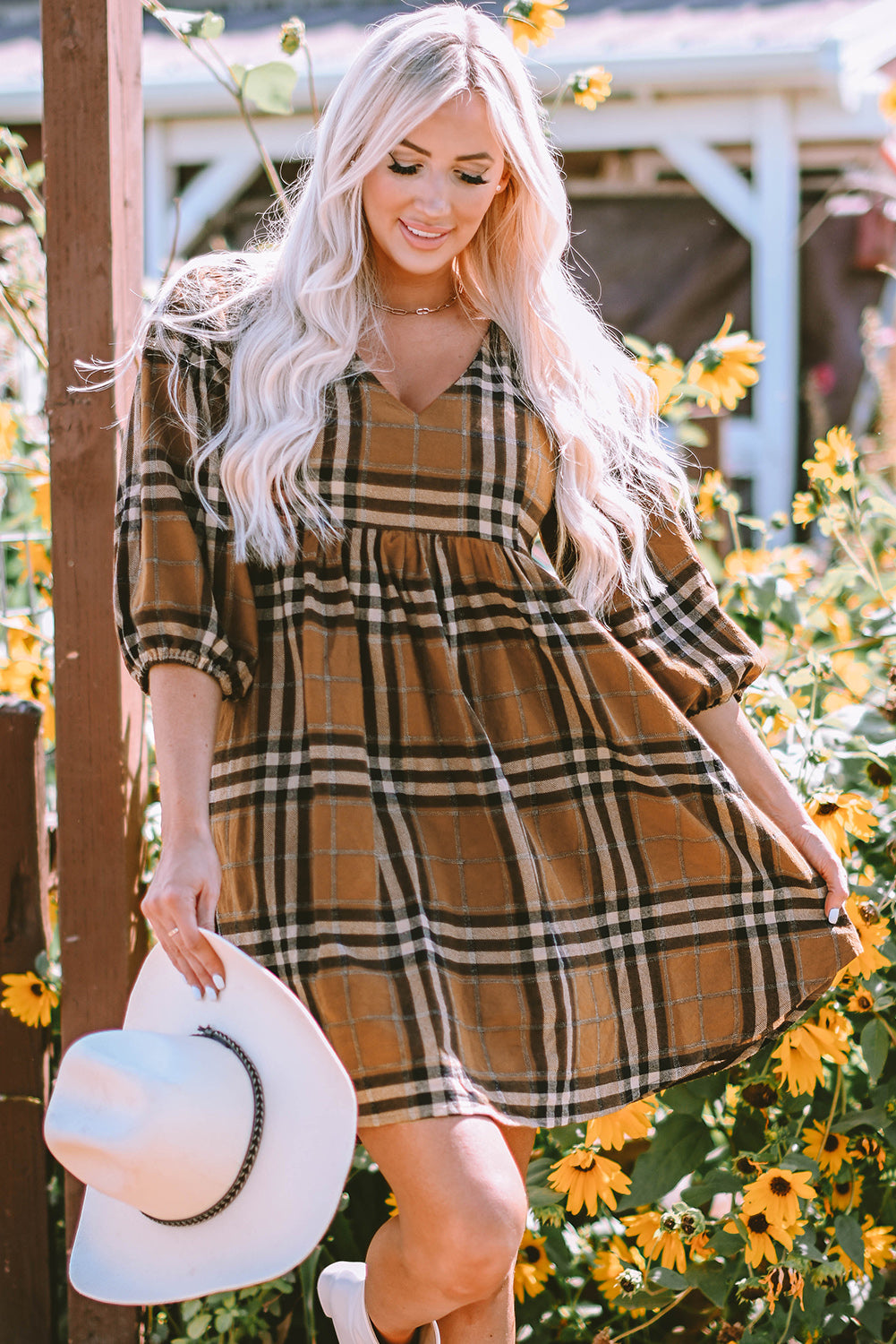 Brown Plaid Plus Size A Line Dress