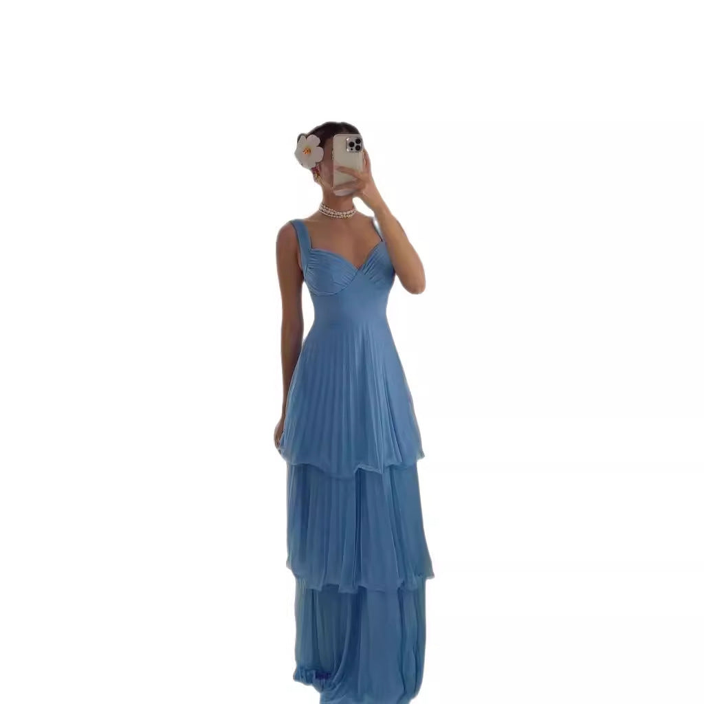 Multi-layer Pleated Strappy Maxi Dress