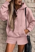 Solid Color Hoodie and Shorts Set Peach Blossom 50%Polyester+50%Cotton Bazaare Mart Two Piece Sets/Short Sets