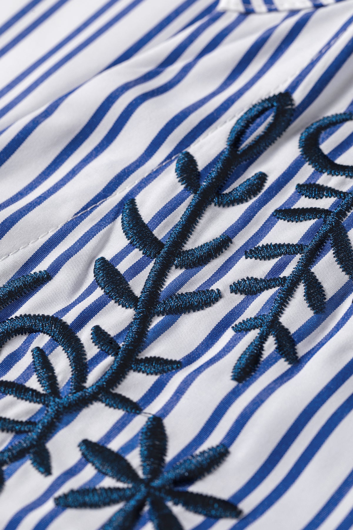Blue Stripe Embroidered Detail Button Front Long Sleeve Shirt