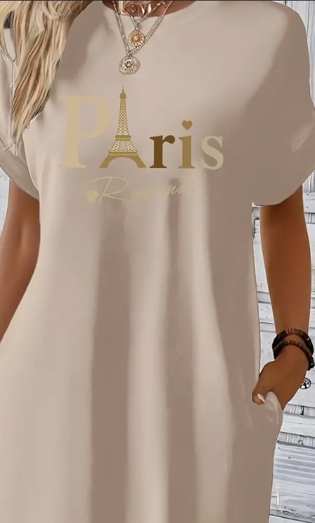 Paris Print Midi Tunic Dress – Casual Geometric Pocket Dress for Women Apricot CJ Dropshipping Paris Sleep Dress