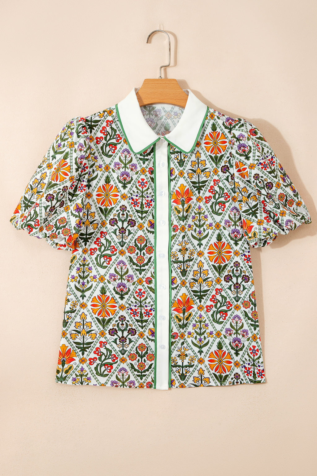 Green Short Puff Sleeve Floral Diamond Shirt