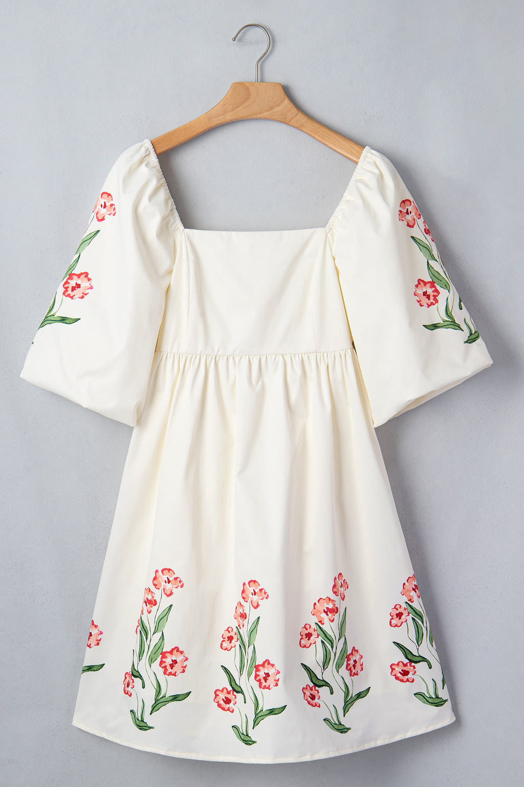 Beige Floral Babydoll Dress – Puff Sleeve Square Neck Mini Dress Dear-Lover Dropshipping Dresses/Mini Dresses