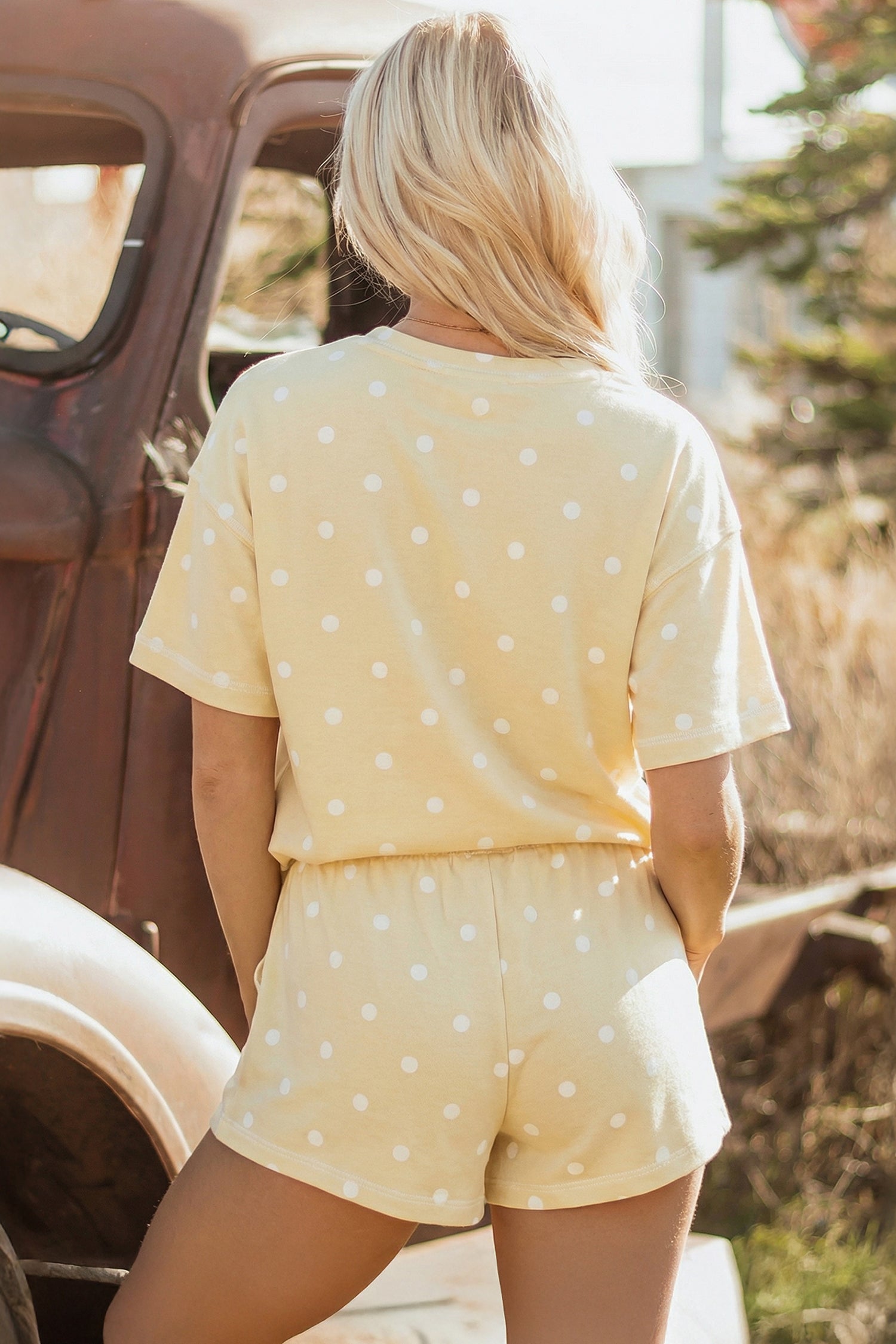 Women’s Polka Dot Shorts Set – Exposed Seam Tee & Drawstring Shorts Outfit Dear-Lover Dropshipping Two Piece Sets/Short Sets