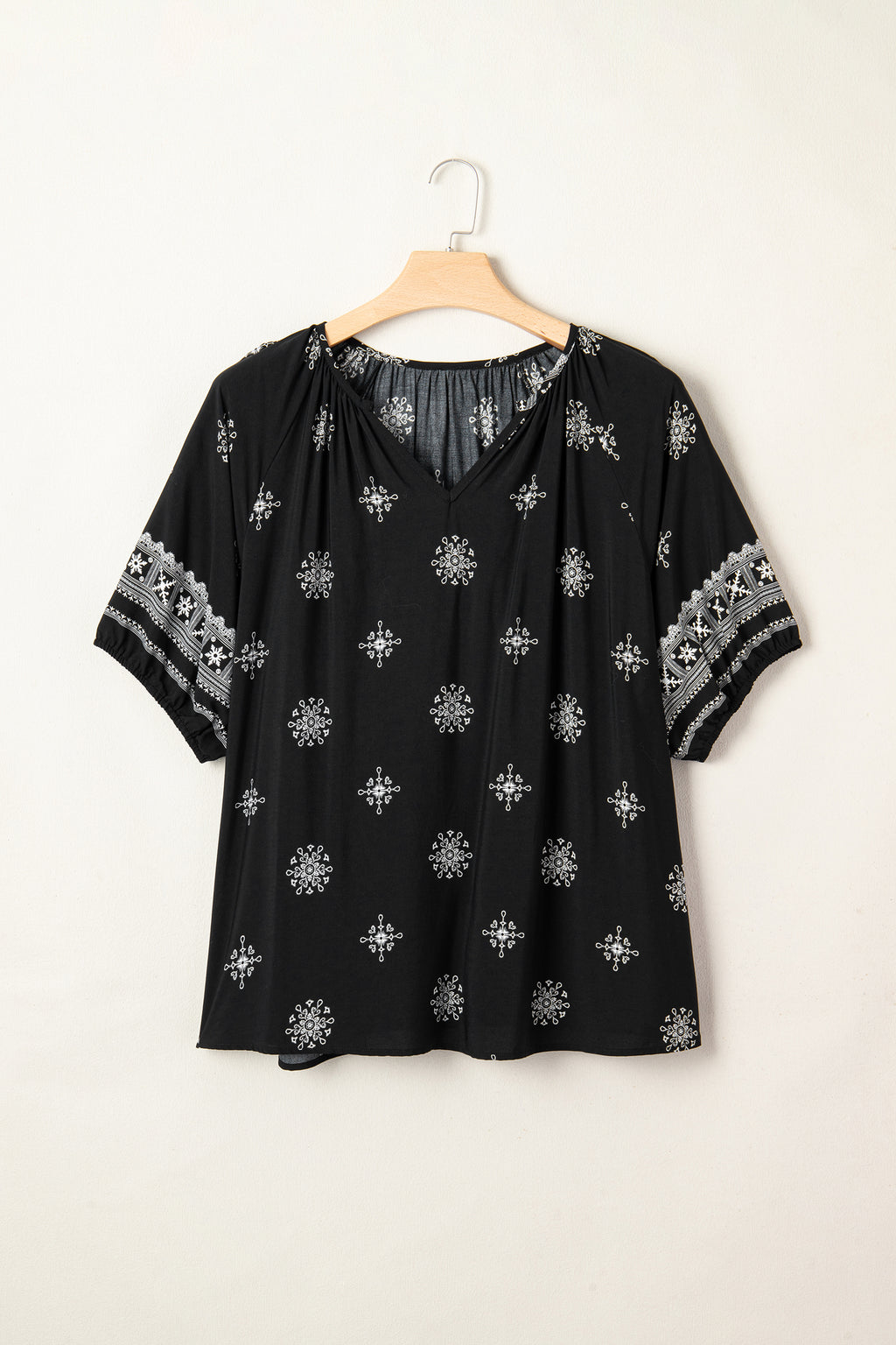 Black Boho Floral Notched V-Neck Top