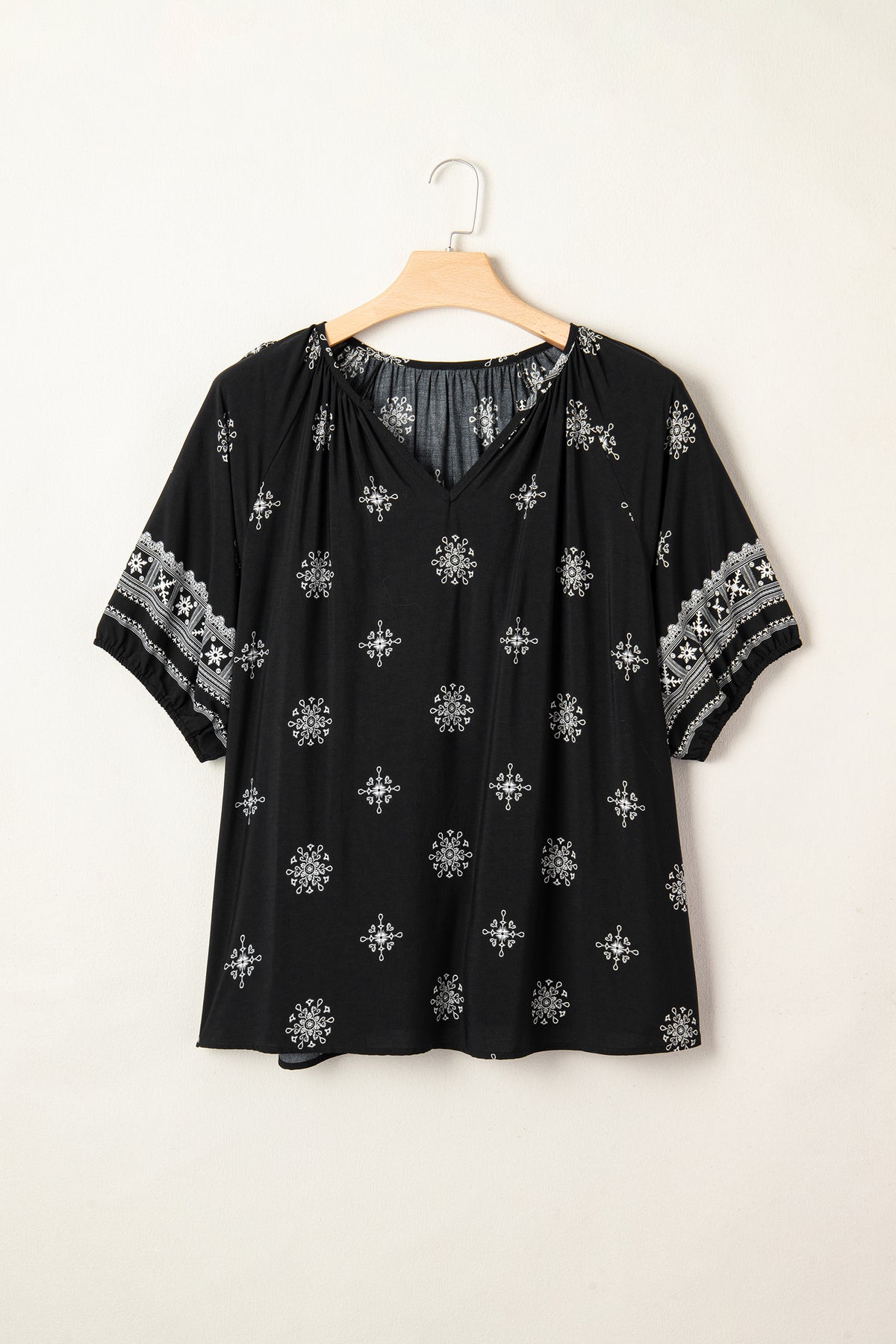 Black Boho Floral Notched V-Neck Top