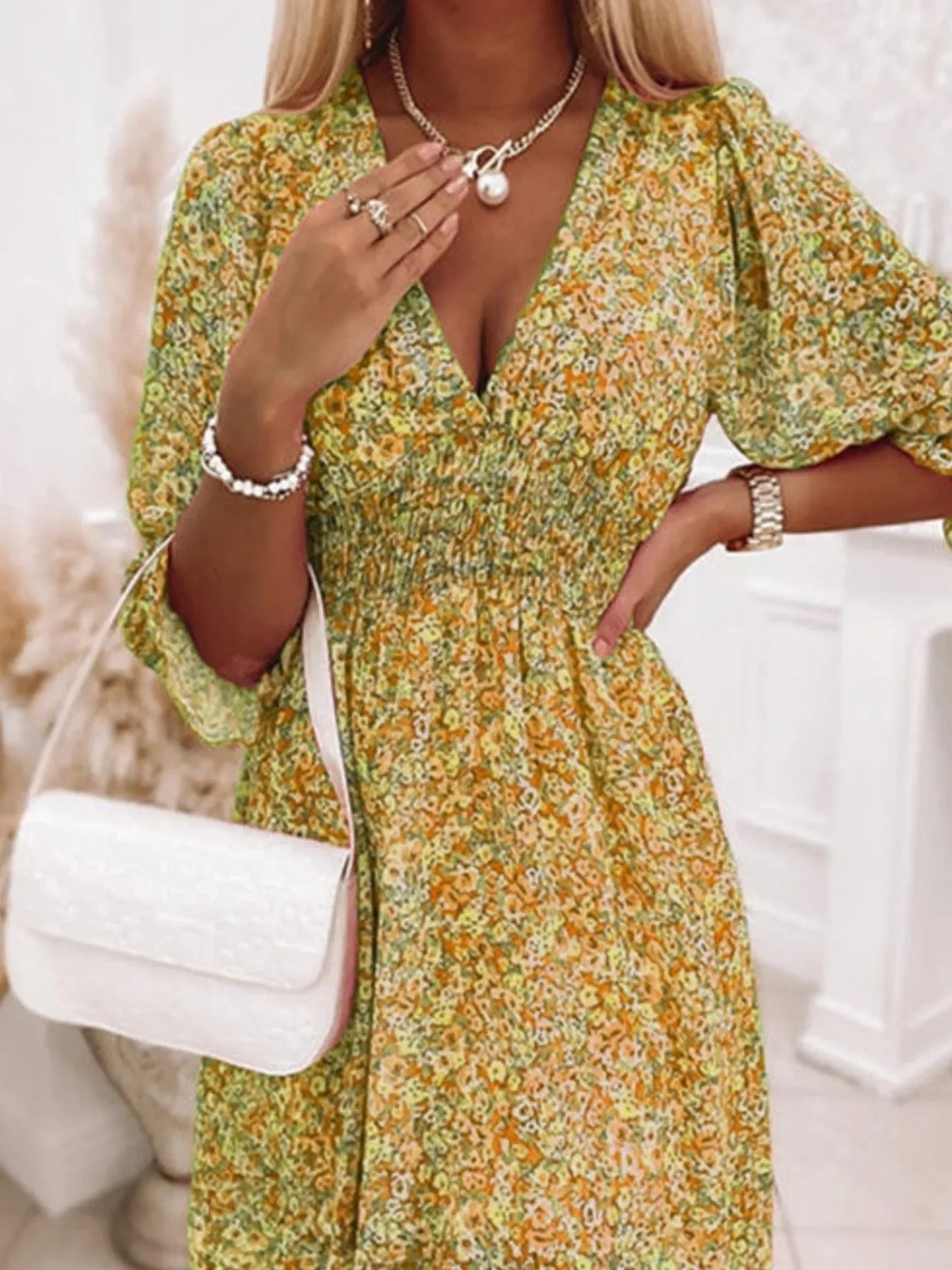 V-Neck Ruffled Hem 3/4 Sleeve Floral Dress Bazaare Mart Ruffled Hem Floral Dress Plus Size