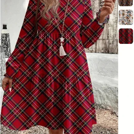 Round Neck Long Sleeve Tiered Empire Dress crimson Bazaare Mart Round Neck Long Sleeve Tiered Empire Dress
