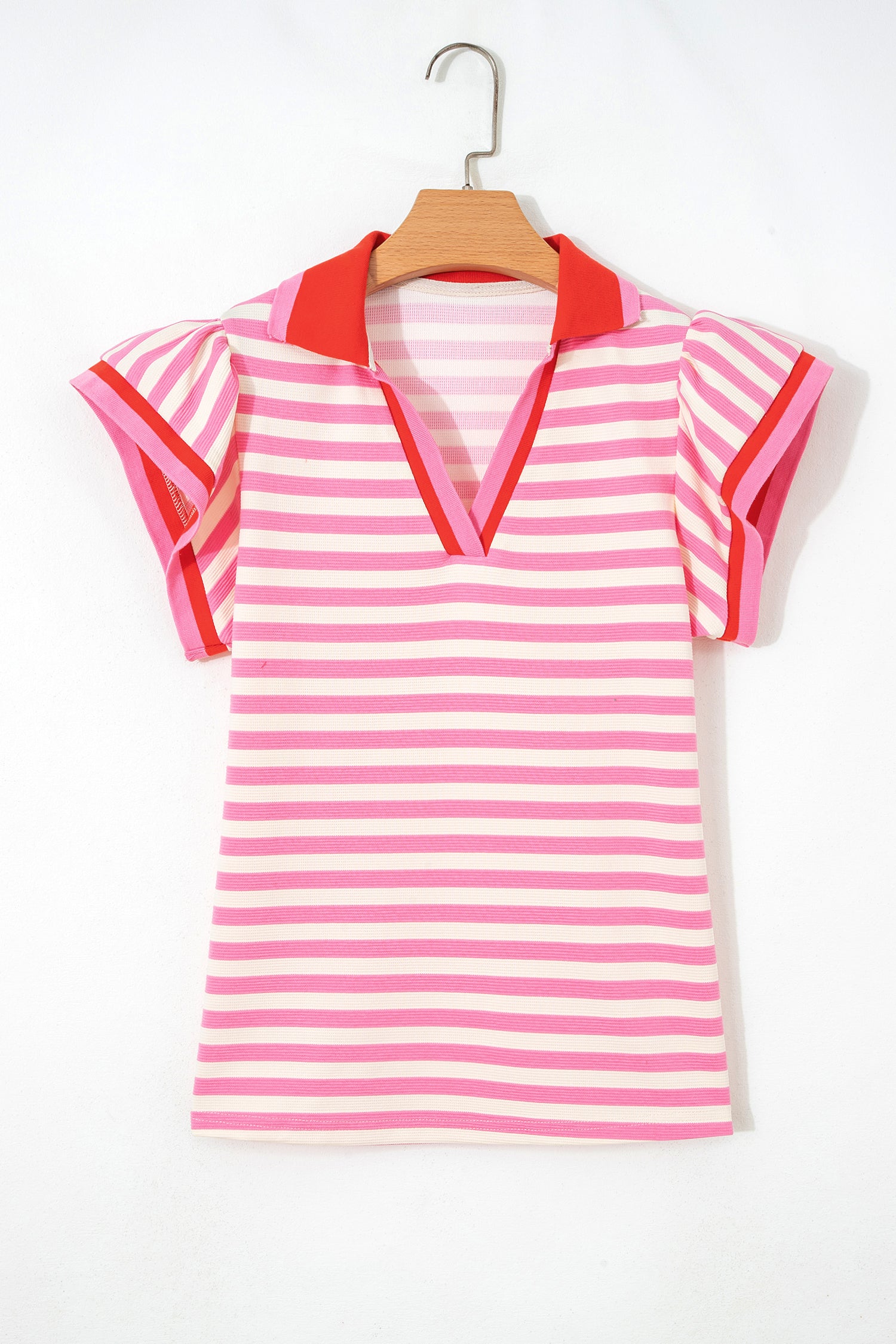 Striped Polo Collar Blouse – Contrast Trim Ruffle Sleeve Casual Women’s Top Dear-Lover Dropshipping Tops/Blouses & Shirts