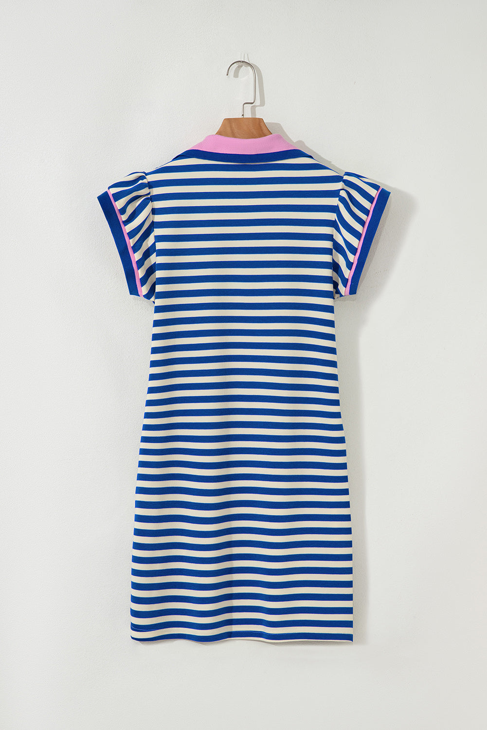 Dark Blue Striped Ruffle Short Sleeve Pop of Color Neckline Dress