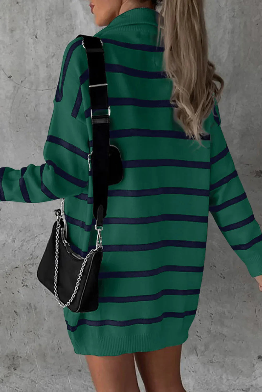 Green Striped Collared Loose Sweater Dress Bazaare Mart Sweaters & Cardigans/Sweater Dresses