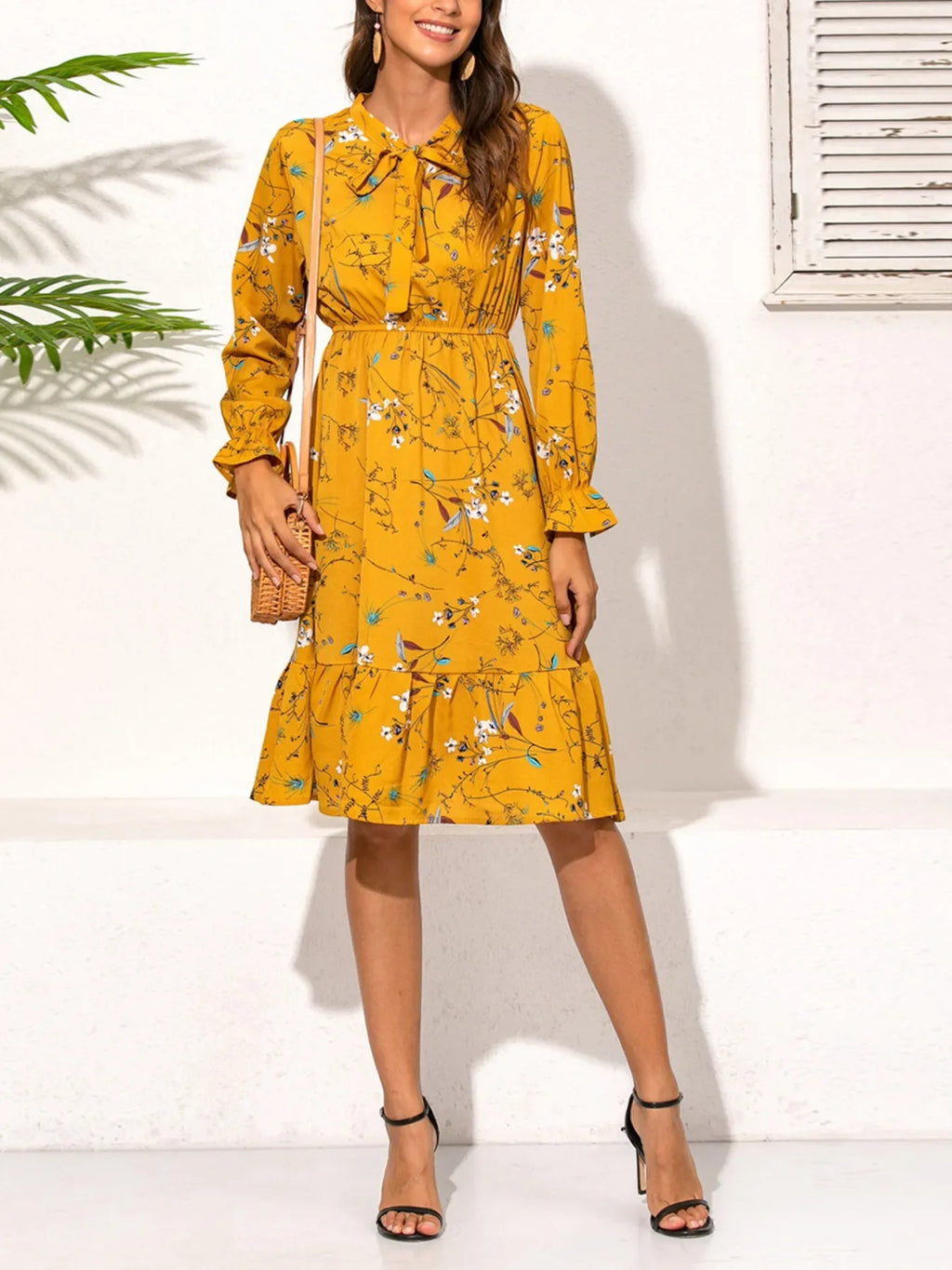 Ruffled Hem Floral Print Long Sleeve Dress Trendsi Long Sleeve Yellow Dress