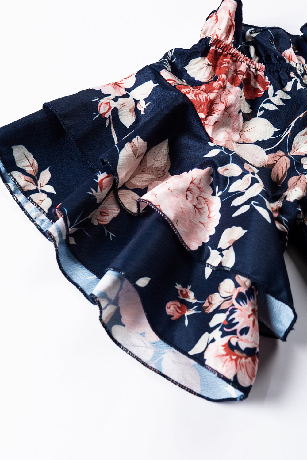 Navy Off Shoulder Flounce Sleeve Floral Blouse