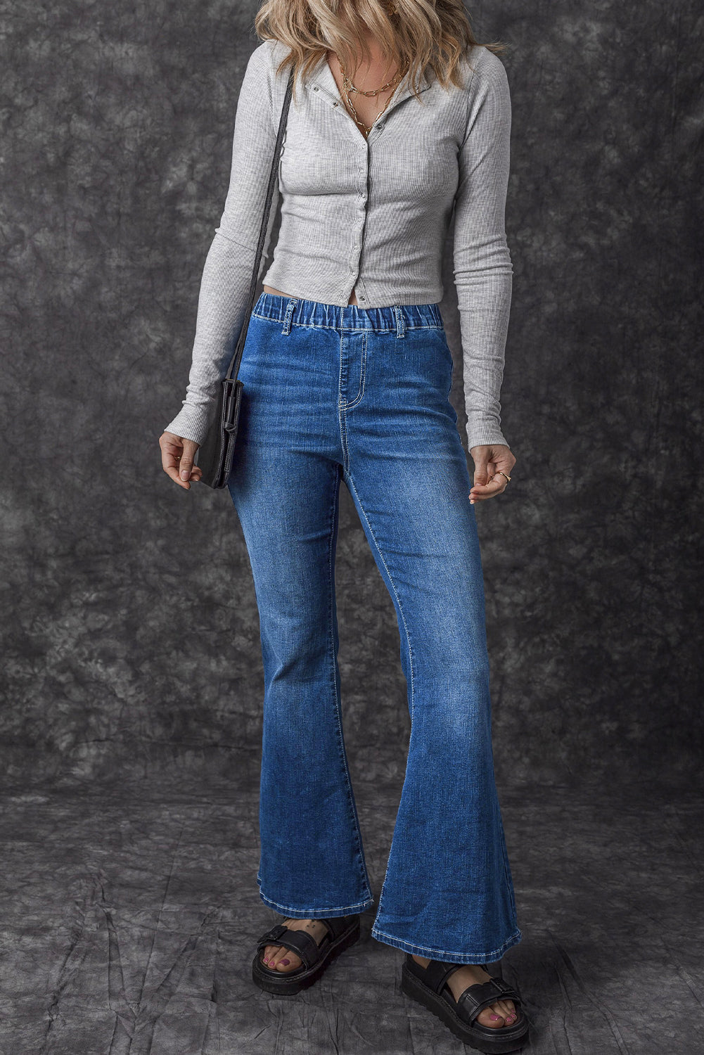 Blue Elastic High Waist Flare Jeans