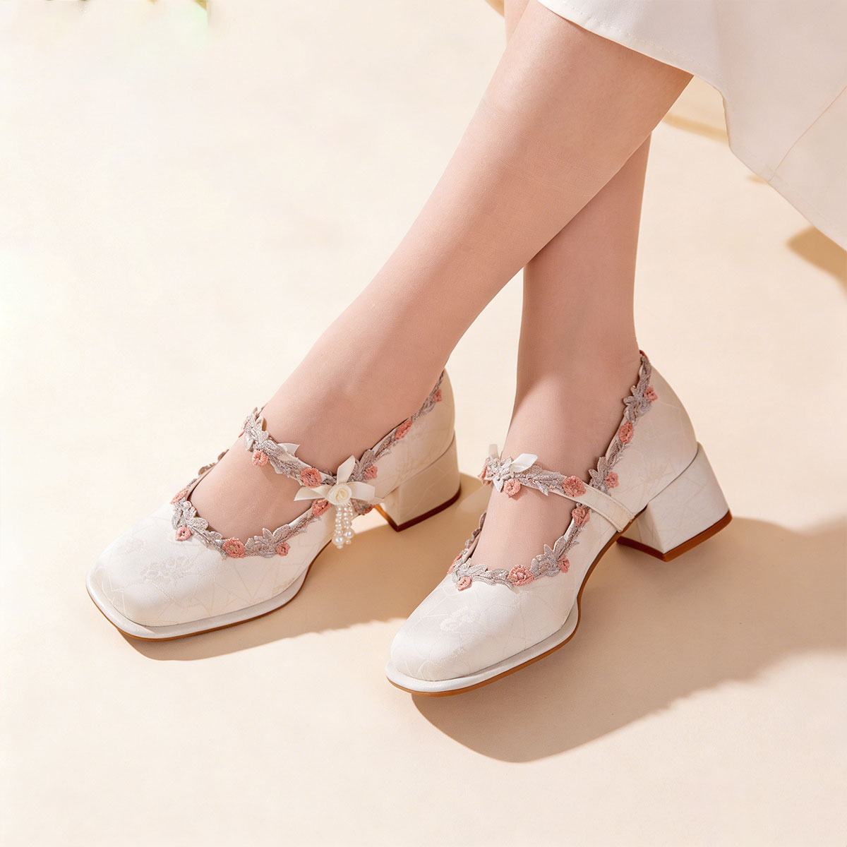 Oriental Jacquard Satin Mary Jane Heels – Embroidered Pearl Square Toe Dress Shoes CJ Dropshipping Flower Girl Shoes