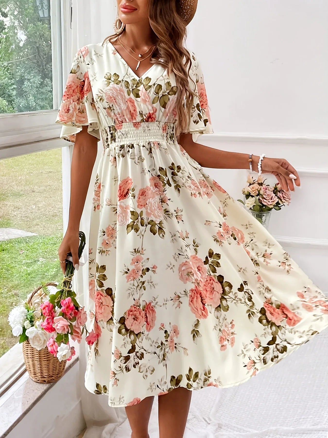 Short Sleeve V-Neck Floral Dresses Bazaare Mart Short Sleeve V-Neck Floral Dresses