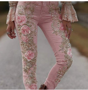 Women's Embroidered 3D Floral Faux Denim Pants Pink CJ Dropshipping Floral Denim Pants