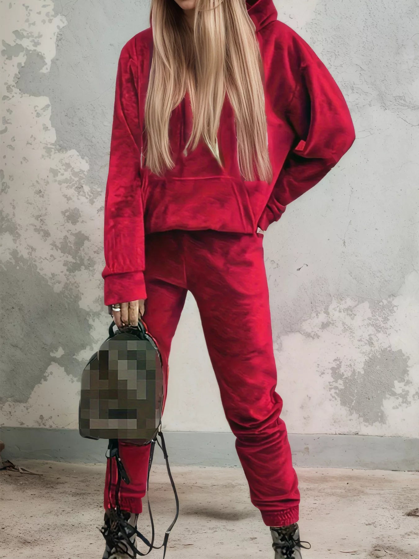Velvet Long Sleeve Hoodie and Pants Set Red Bazaare Mart Velvet Long Sleeve Hoodie and Pants Set