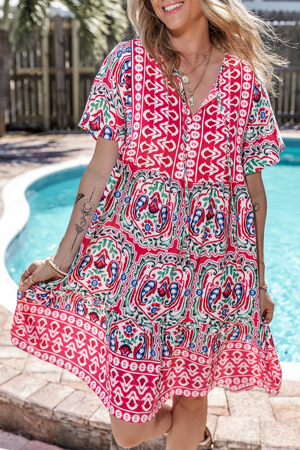 Pink Short Sleeve Bohemian Print Dress